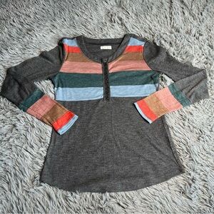Maurices 24/7 Shirt Womens Small Stripe Crew Neck Gray Lightweight Long Sleeve